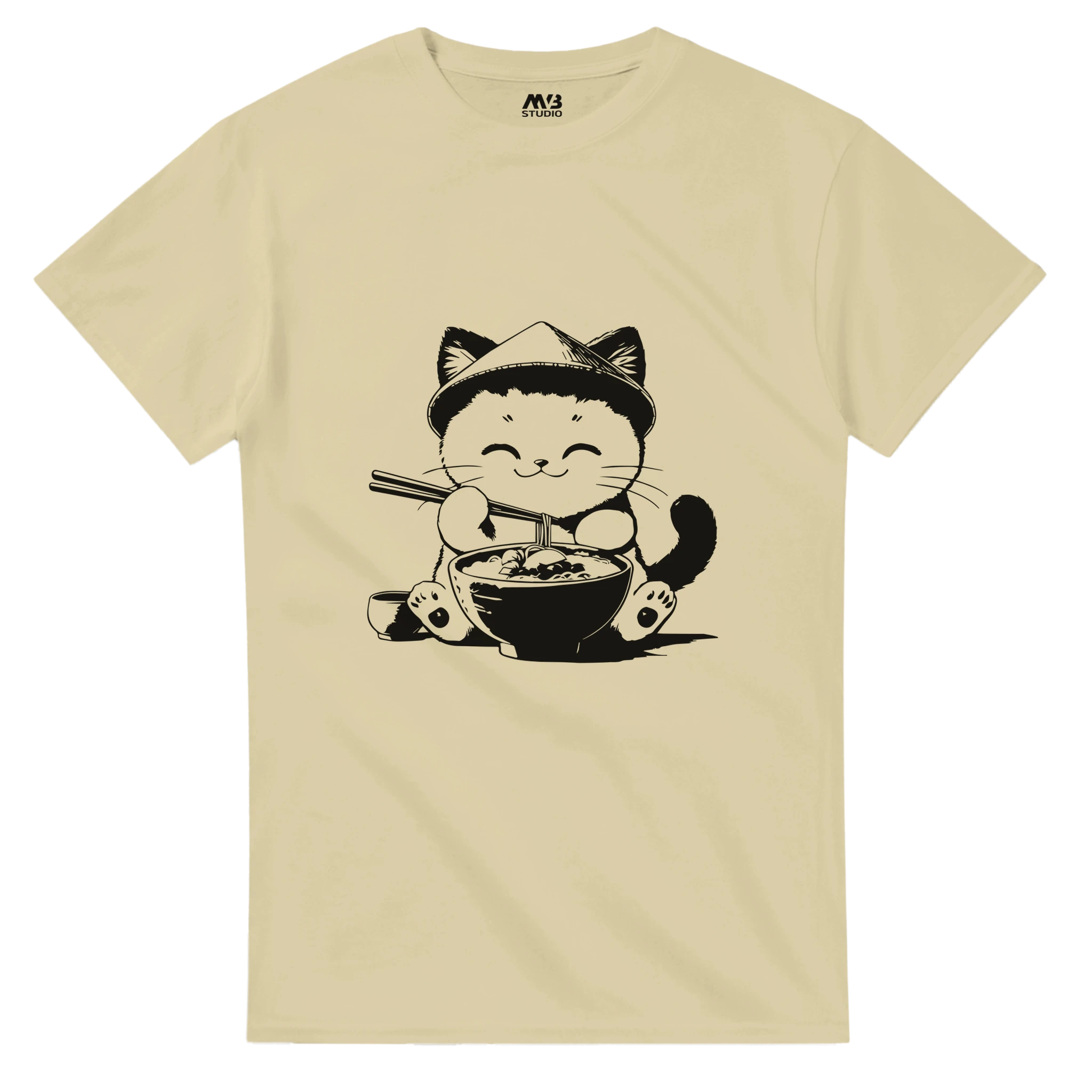 Natural colour Cute Cat Eating Noodles T-shirt | MVB STUDIO STORE