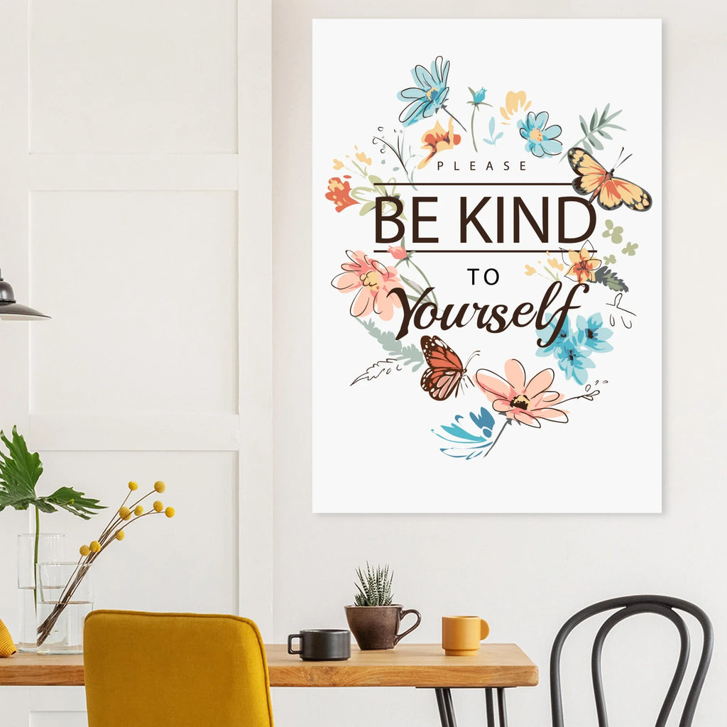 Be kind to yourself poster mounted on a wall 