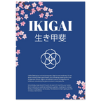 Poster titled “IKIGAI” with Japanese characters beneath, set on a deep blue background with cherry blossom illustrations, a white interlocking circle symbol, and explanatory text about the meaning of ikigai.