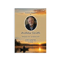Fishing by Dust Funeral Order of Service with sunset over water and photo of a man by MVB STUDIO.