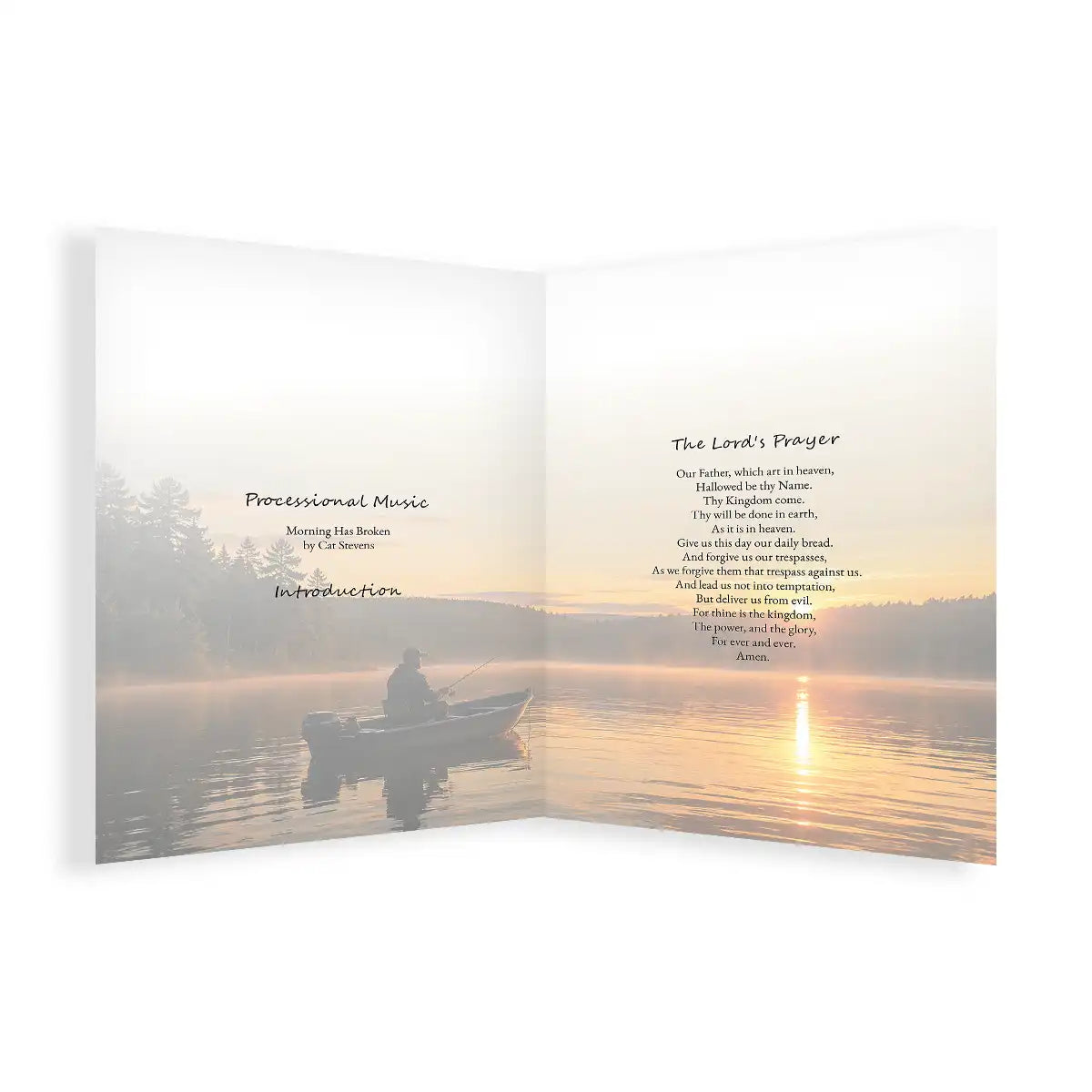 Fishing by Dust Funeral Order of Service with a person in a boat on a lake at sunset by MVB STUDIO.