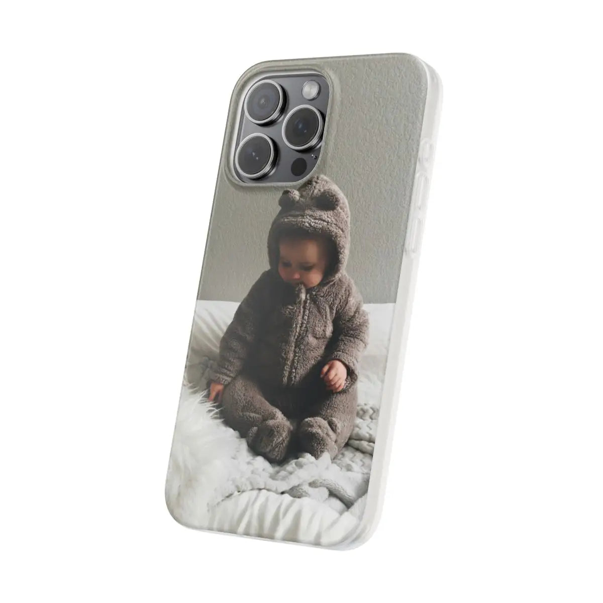 Personalised Picture iPhone 15 Pro Max Frosty Case with a child in a bear costume on a white background