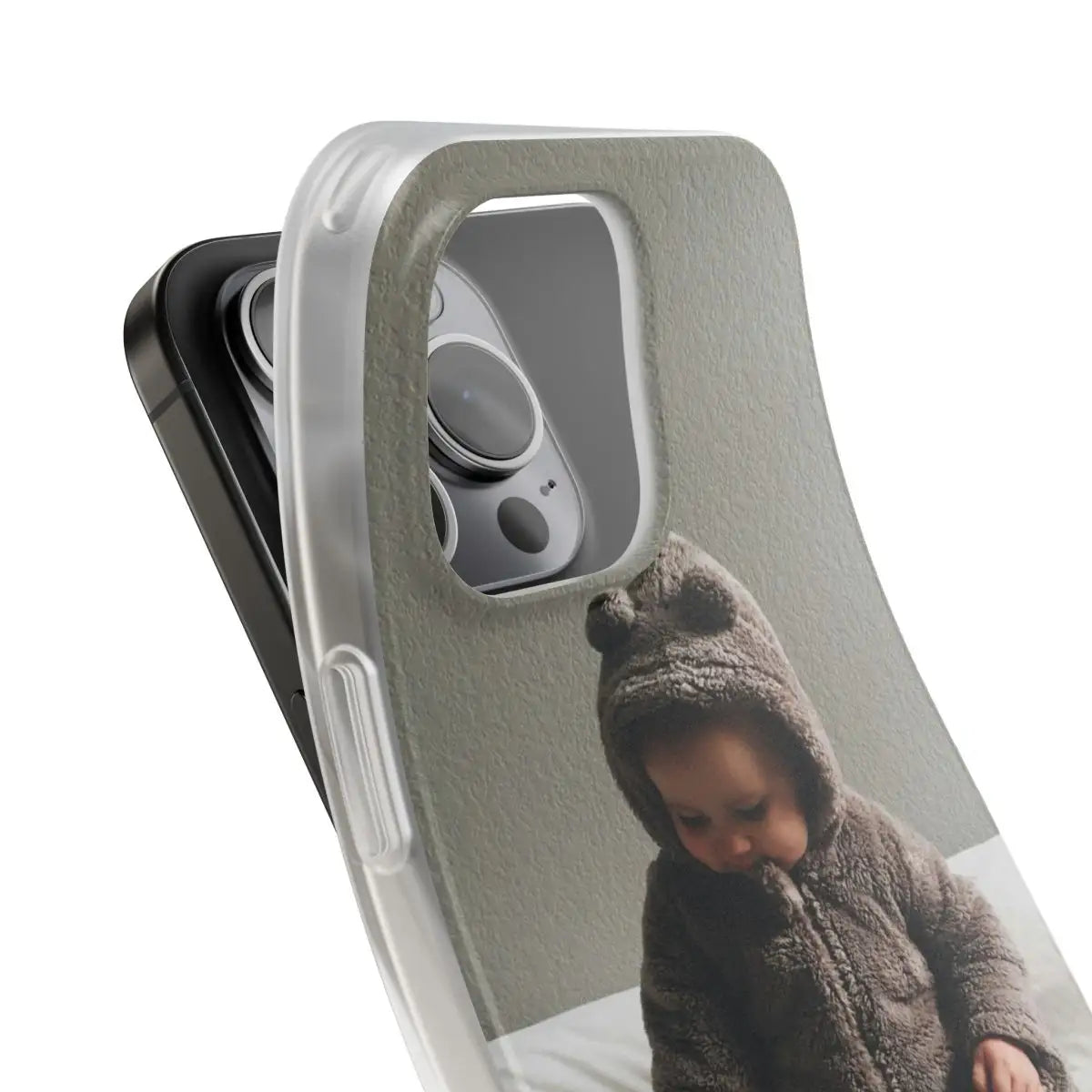 Personalised Picture iPhone 15 Pro Max Frosty Case with a child in a bear costume on a white background
