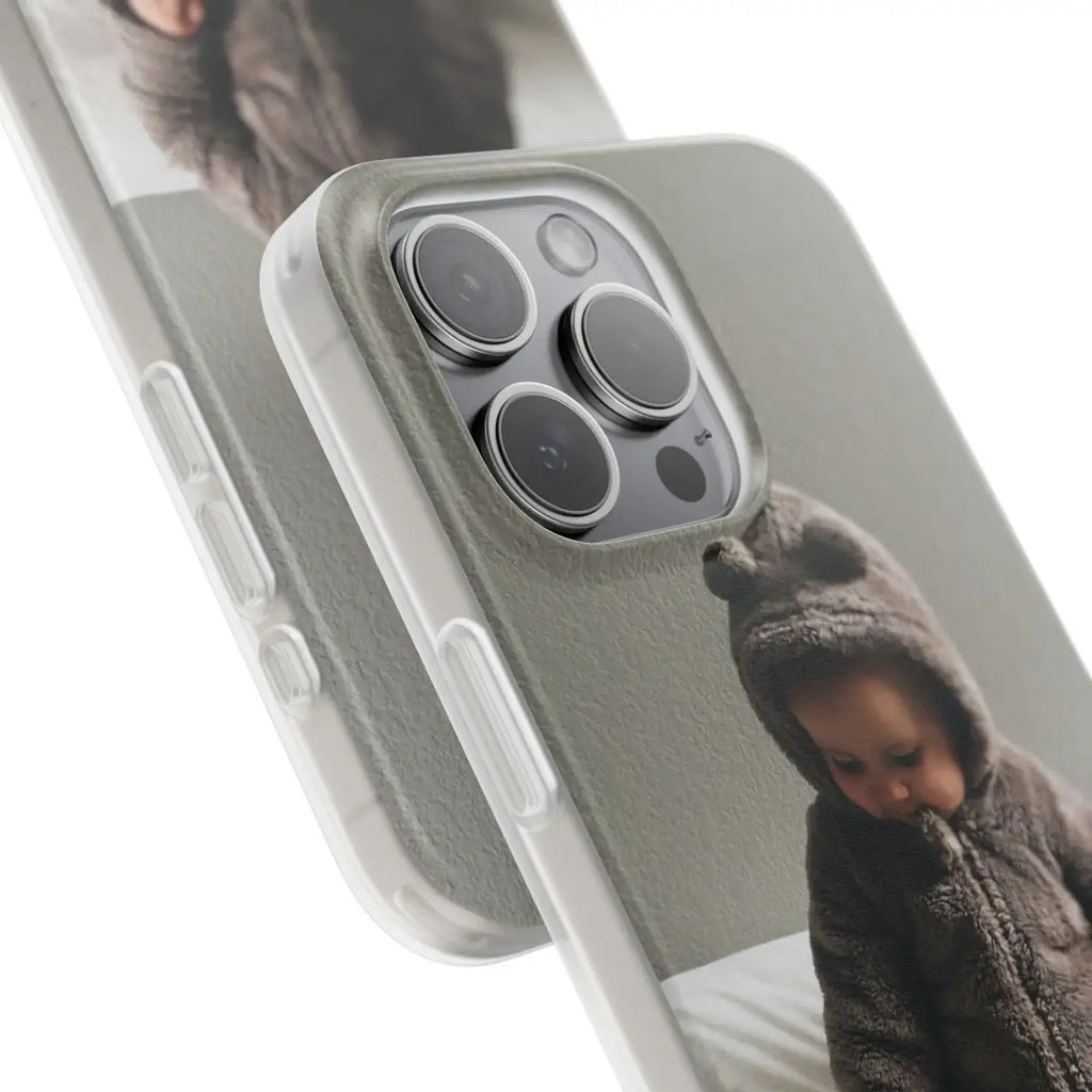 Personalised Picture iPhone 15 Pro Max Frosty Case with camera module design, child in brown hoodie in the background