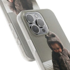 Personalised Picture iPhone 15 Pro Max Frosty Case with camera module design, child in brown hoodie in the background