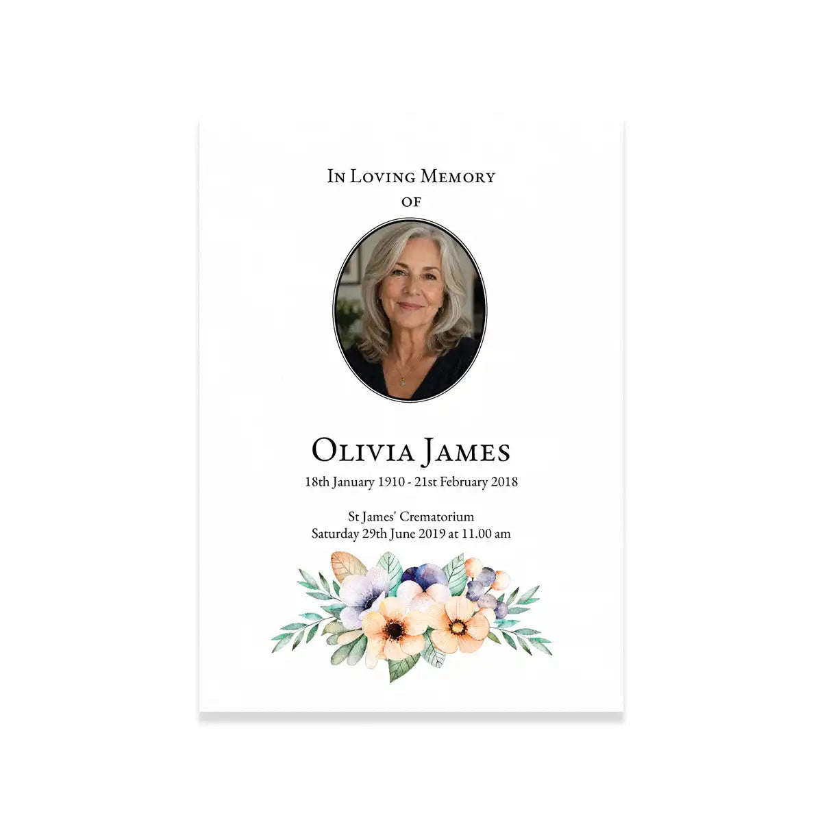 Memorial card with a photo of a woman and floral design on a white background