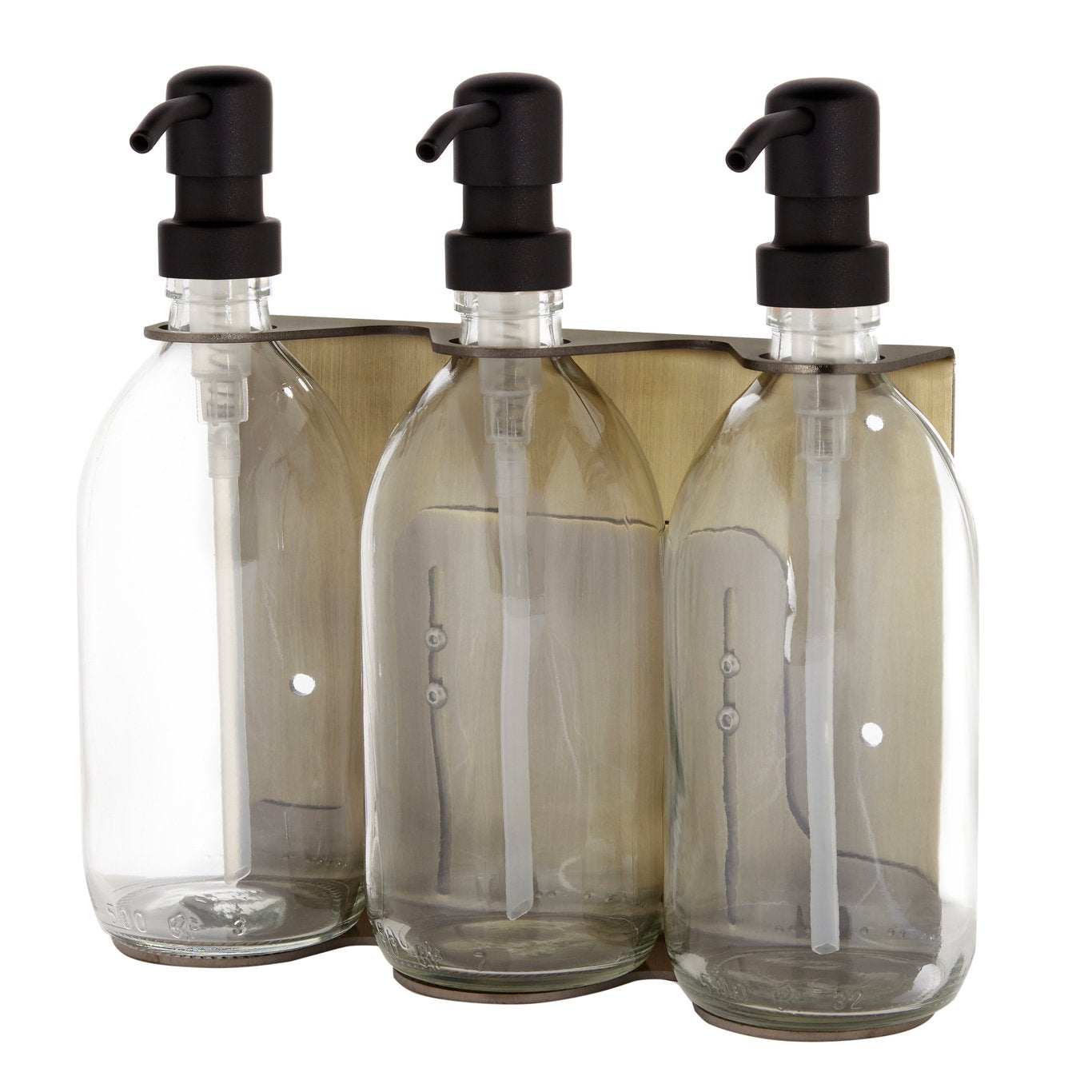 Three clear glass bottles with black pump dispensers on a white background