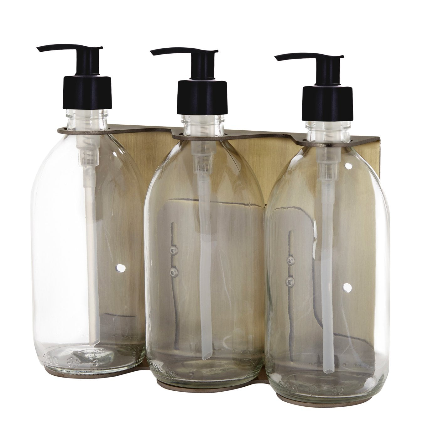 Three clear glass bottles with black pump dispensers on a white background
