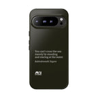 Black phone case with a quote "You can't cross the sea merely by standing and staring at the water" and MVB Studio logo on a white background