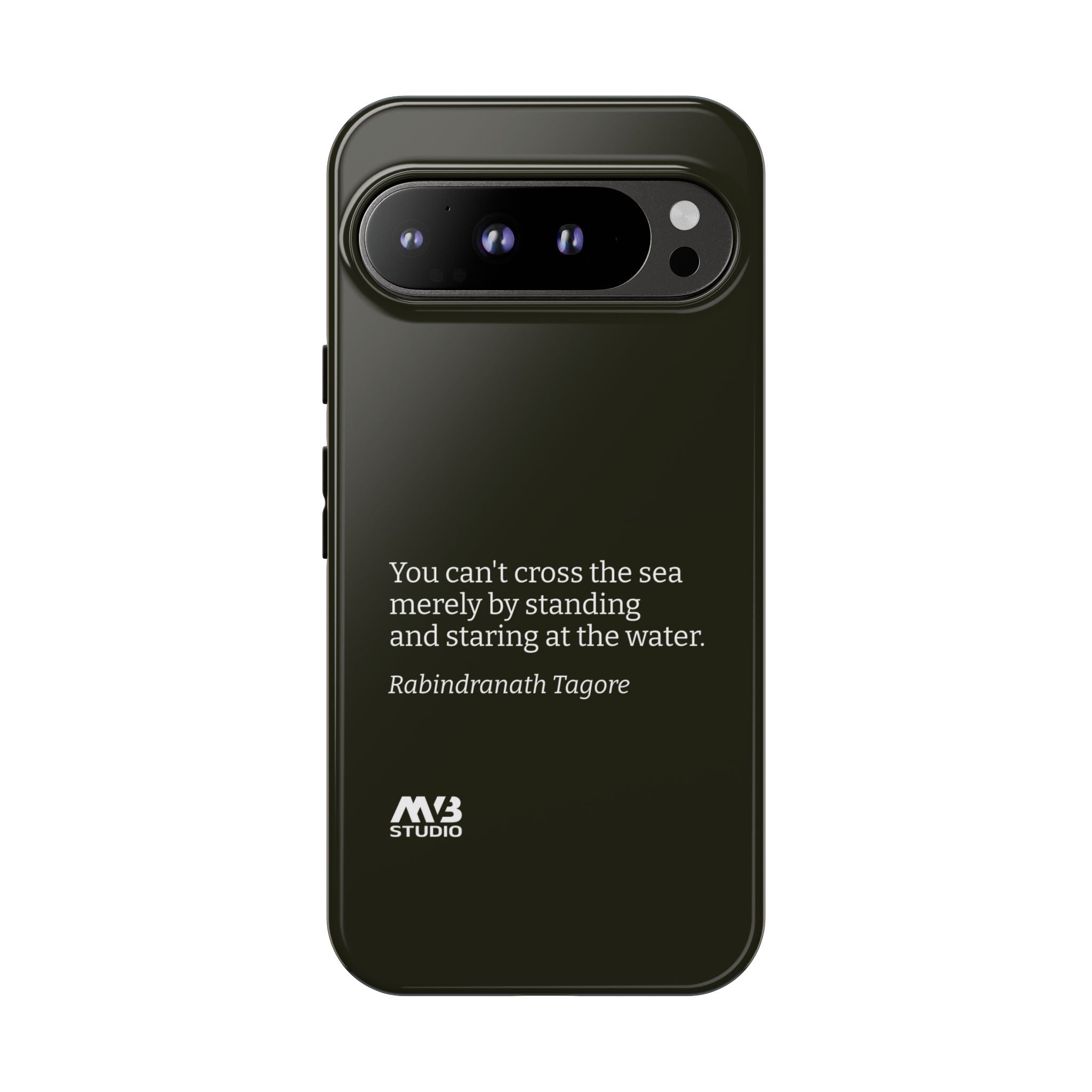 Black phone case with a quote "You can't cross the sea merely by standing and staring at the water" and MVB Studio logo on a white background