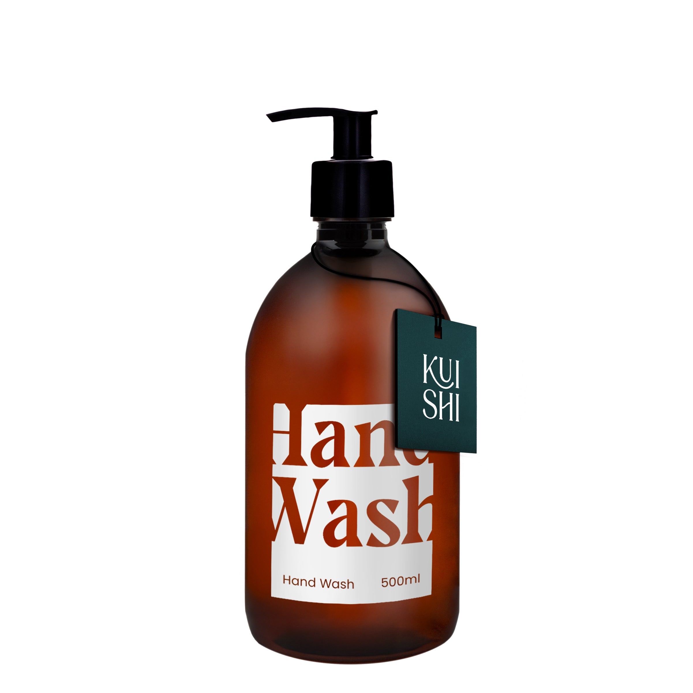 Brown bottle of hand wash with a pump and 'Kushi' label on a white background