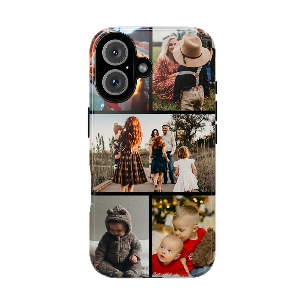Family Photos iPhone 16 Plus Tough Case with a collage of family photos on a white background