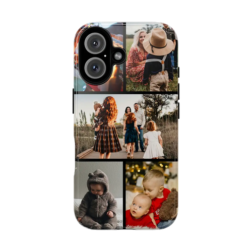 Family Photos iPhone 16 Plus Tough Case with a collage of family photos on a white background