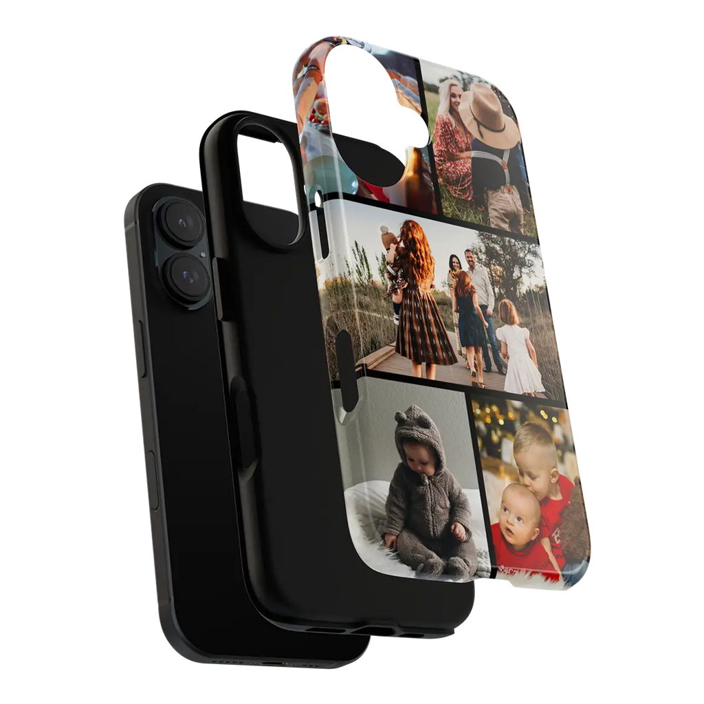 Family Photos iPhone 16 Plus Tough Case with photo collage design on a white background
