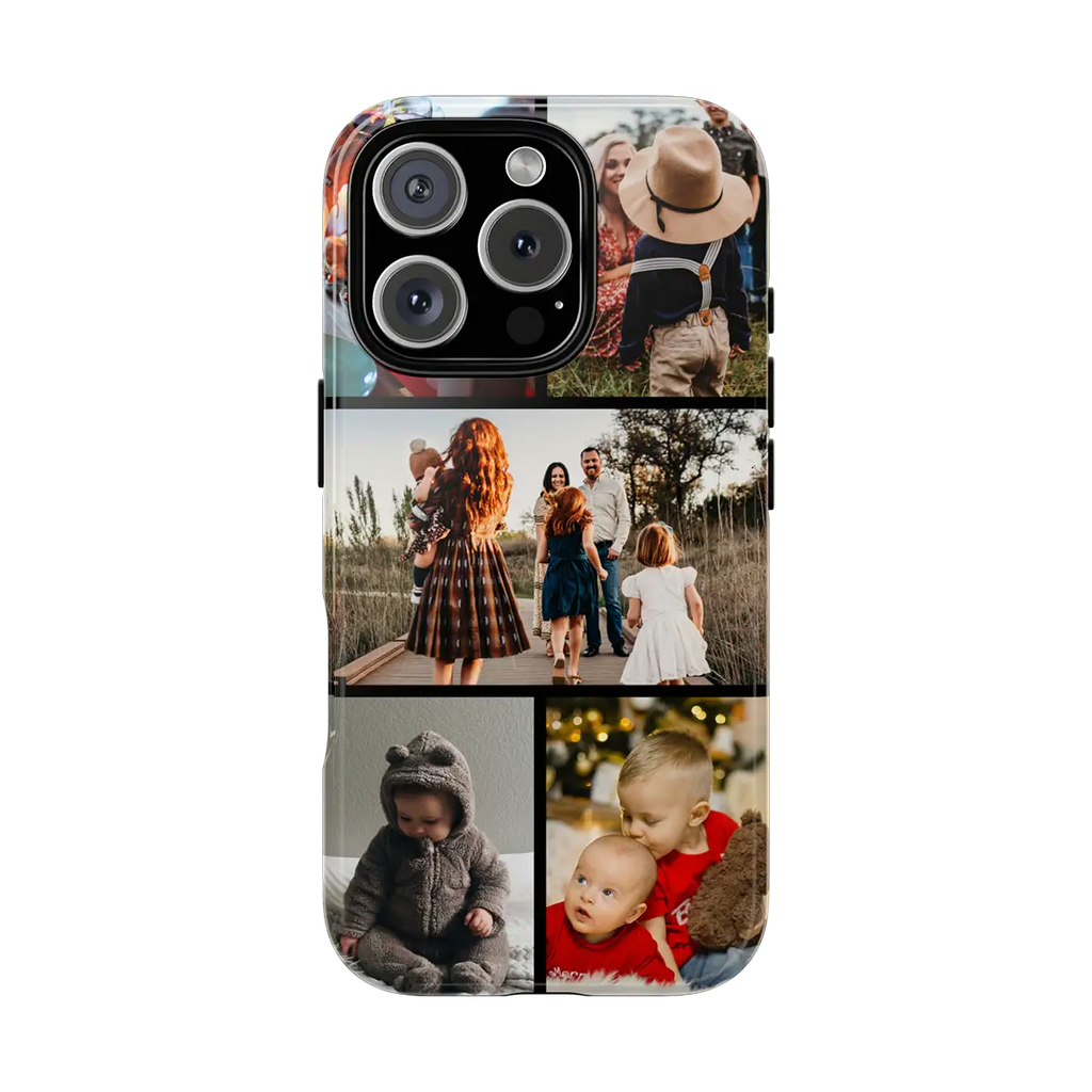 Custom Covers iPhone 16 Pro Max Tough Case with a collage of family photos on a white background
