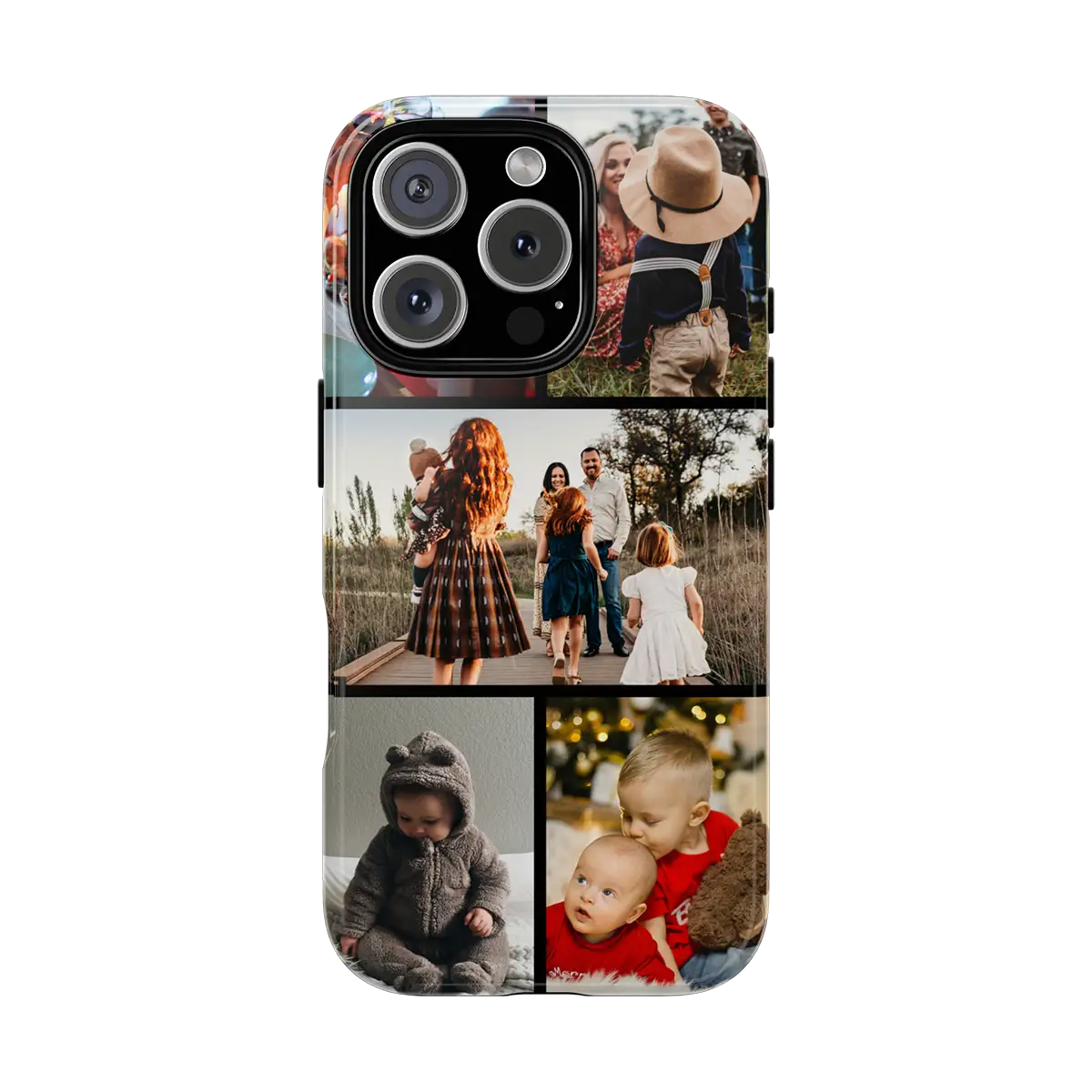 Custom Covers iPhone 16 Pro Max Tough Case with a collage of family photos on a white background
