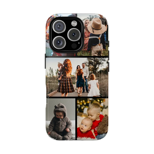 Custom Covers iPhone 16 Pro Max Tough Case with a collage of family photos on a white background