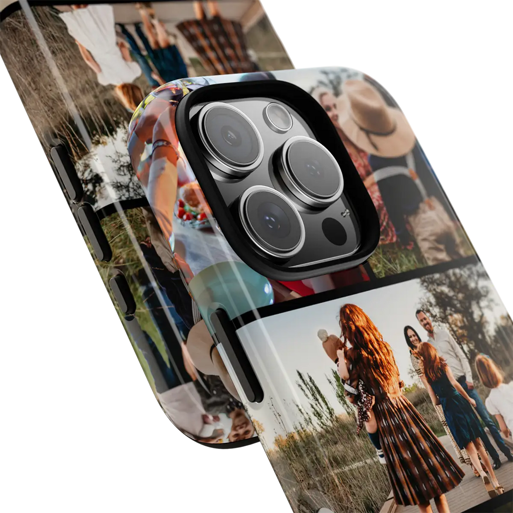 Custom Covers iPhone 16 Pro Max Tough Case with a collage of people and nature on a white background
