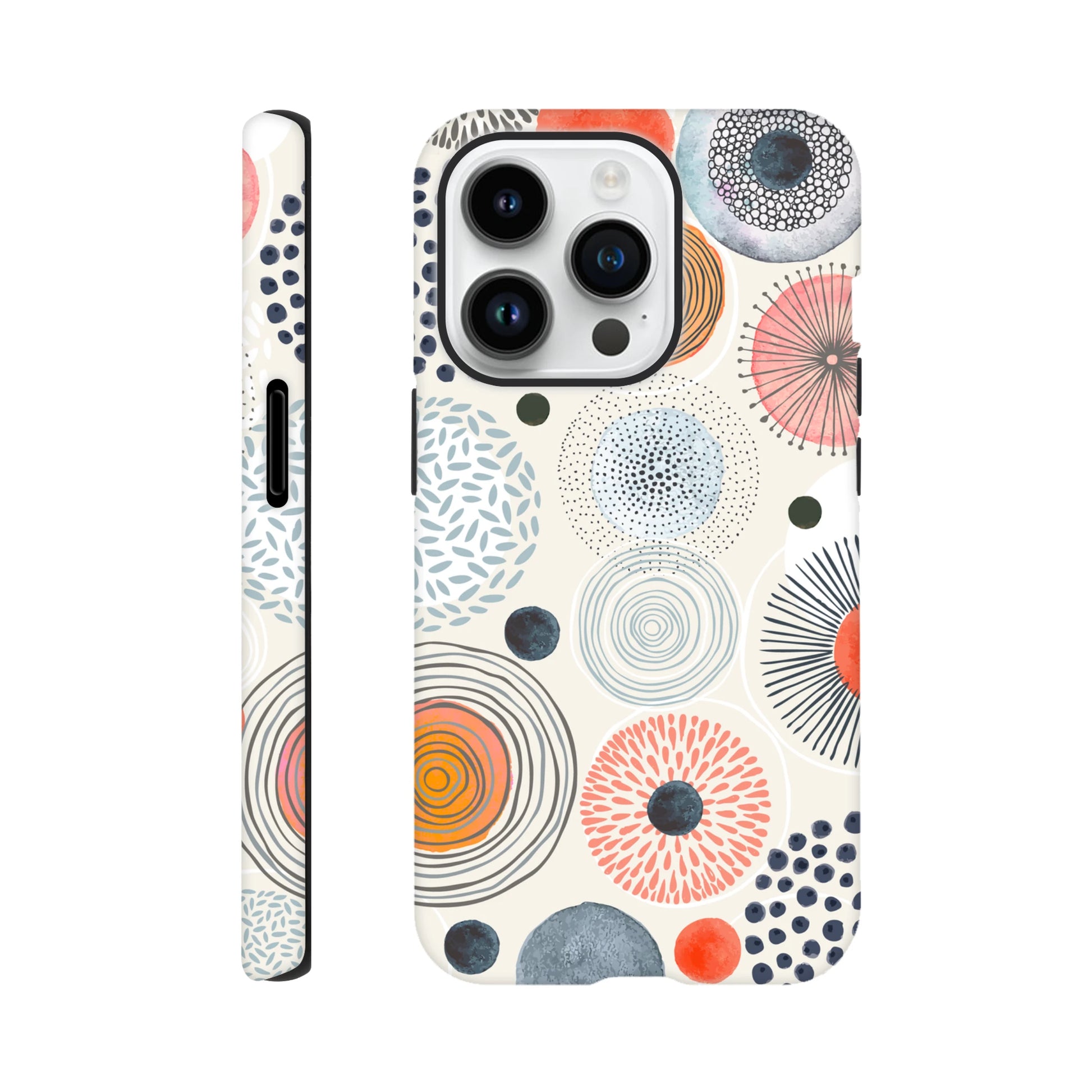 MVB Studio iPhone phone case featuring a playful abstract dot and swirl design in red, orange, blue, and cream tones.
