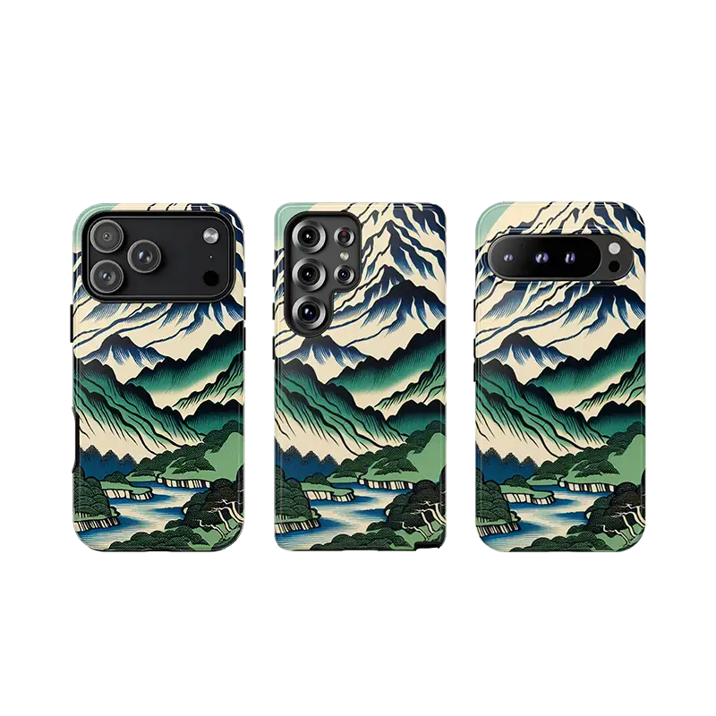 Three phone cases, iphone, samsung and google pixel models with mountain landscape design on a white background