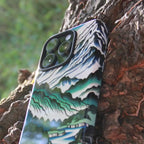 Japanese Mountain Print Tough Case for iPhone 16 Pro Max with mountain landscape design on a tree.