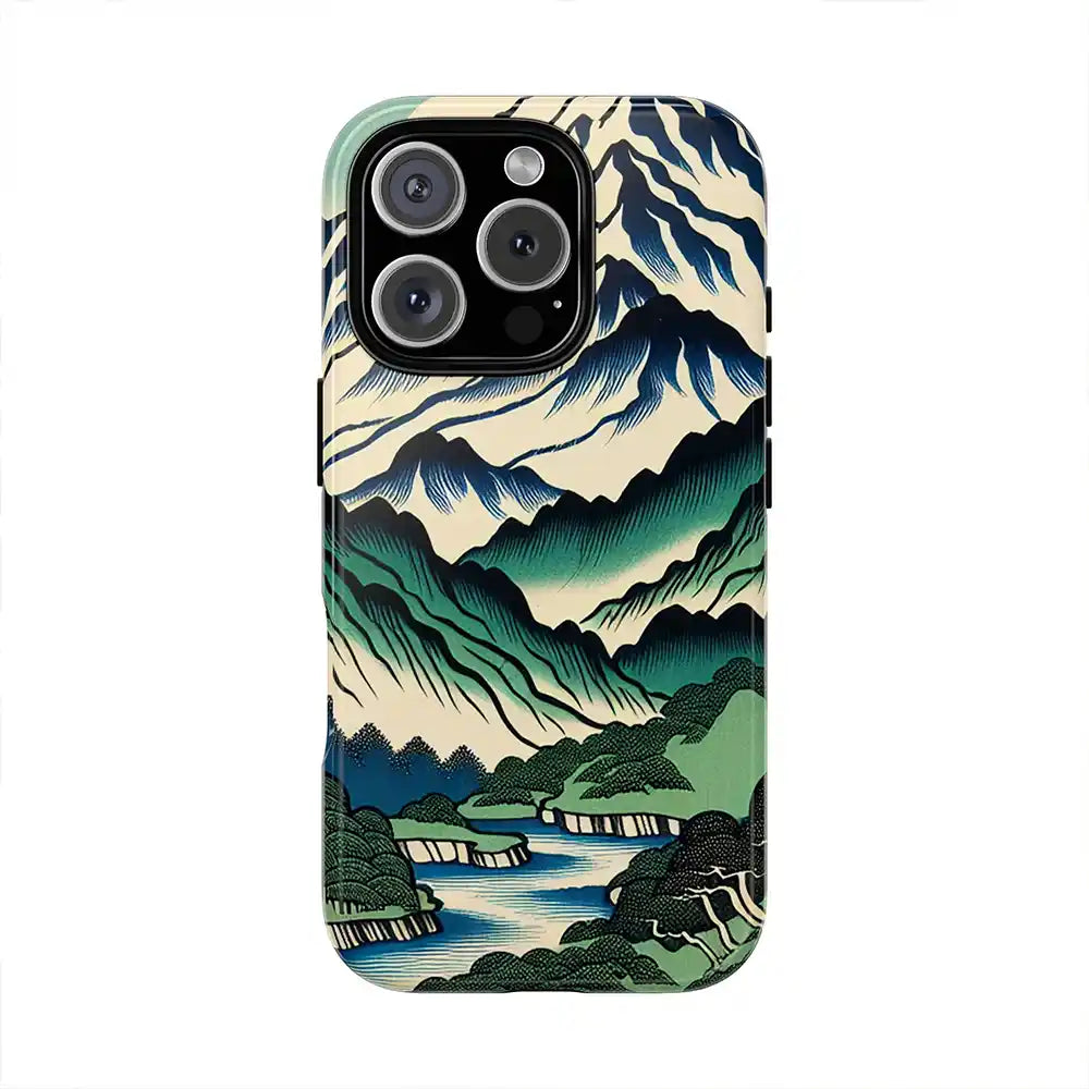 Japanese Mountain Print Tough Case for iPhone 16 Pro Max with mountain landscape design on a white background.