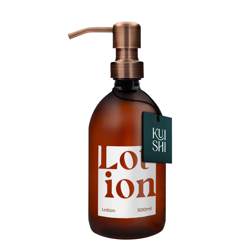 Brown lotion bottle with pump and 'Kushi' label on a white background
