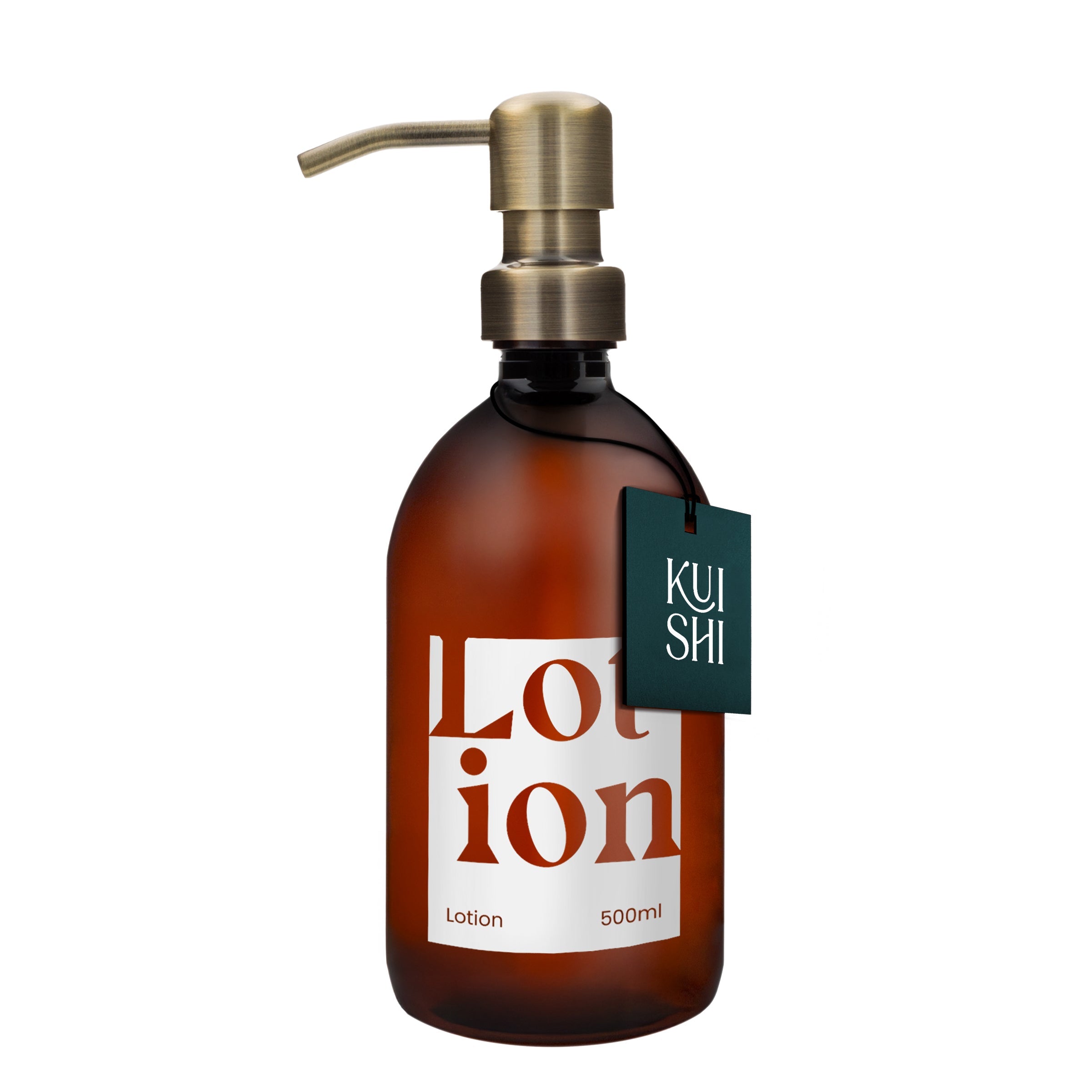 Brown lotion bottle with pump and 'KUSHI' label on a white background