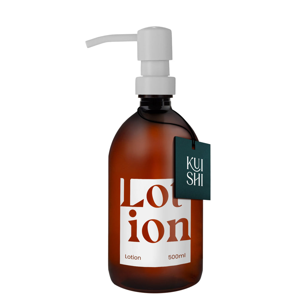 Brown lotion bottle with pump and 'Kushi' label on a white background