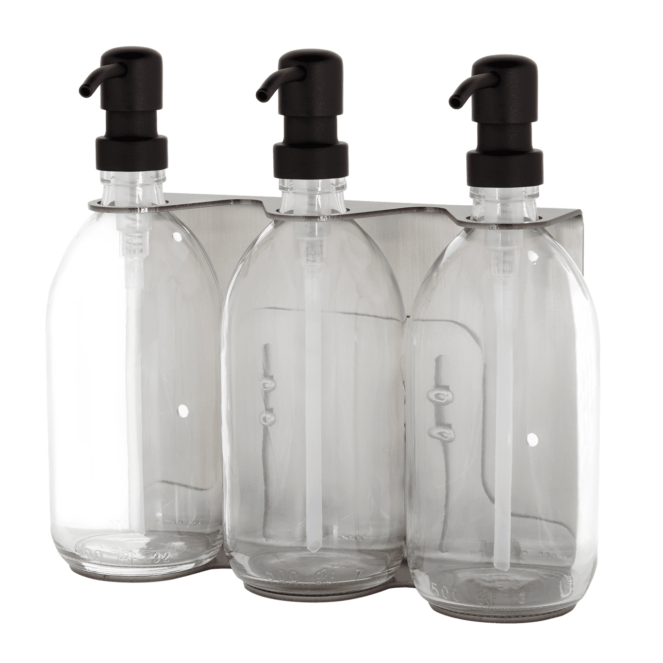 Three clear plastic bottles with black pump dispensers in a transparent packaging.