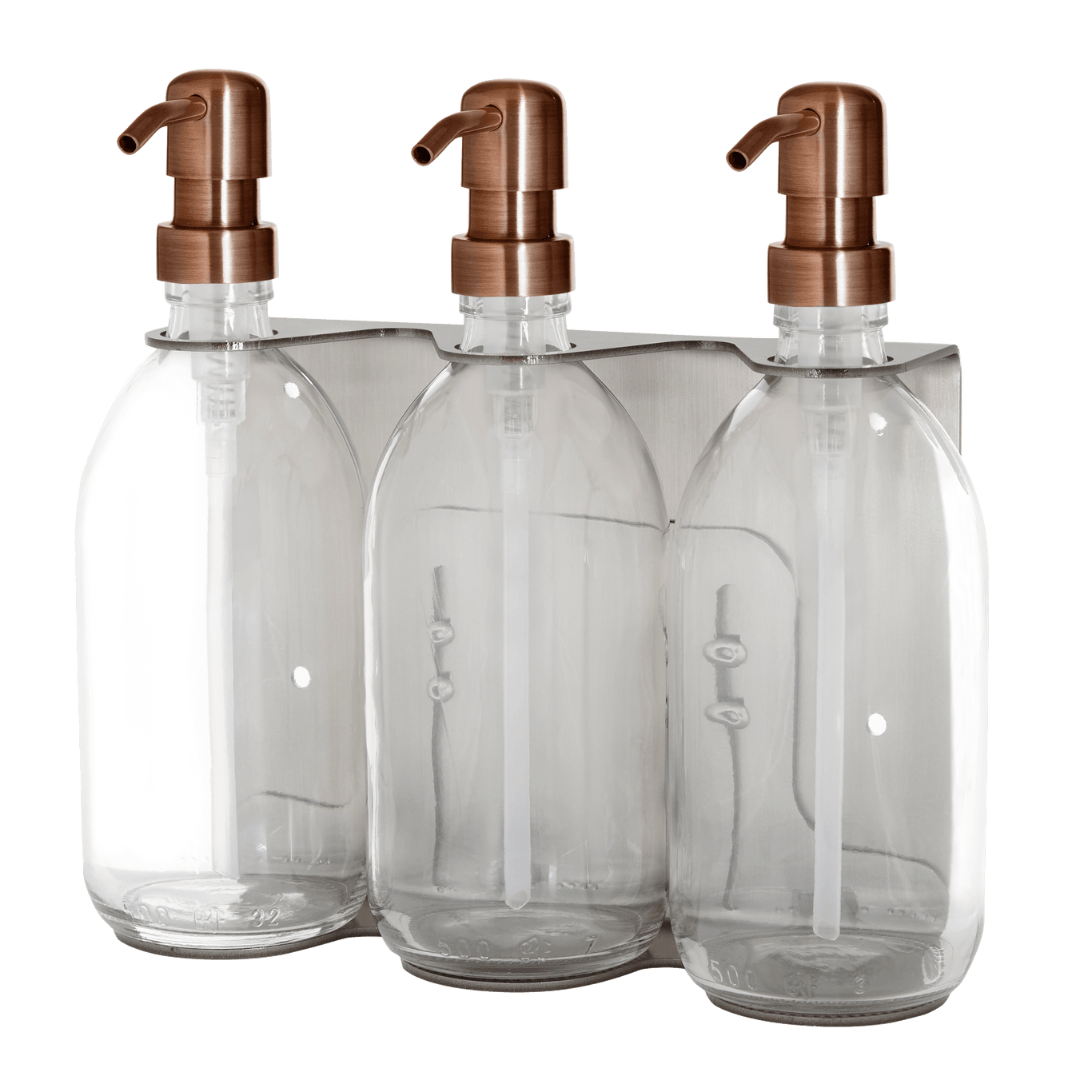 Three clear glass bottles with copper pumps on a transparent background
