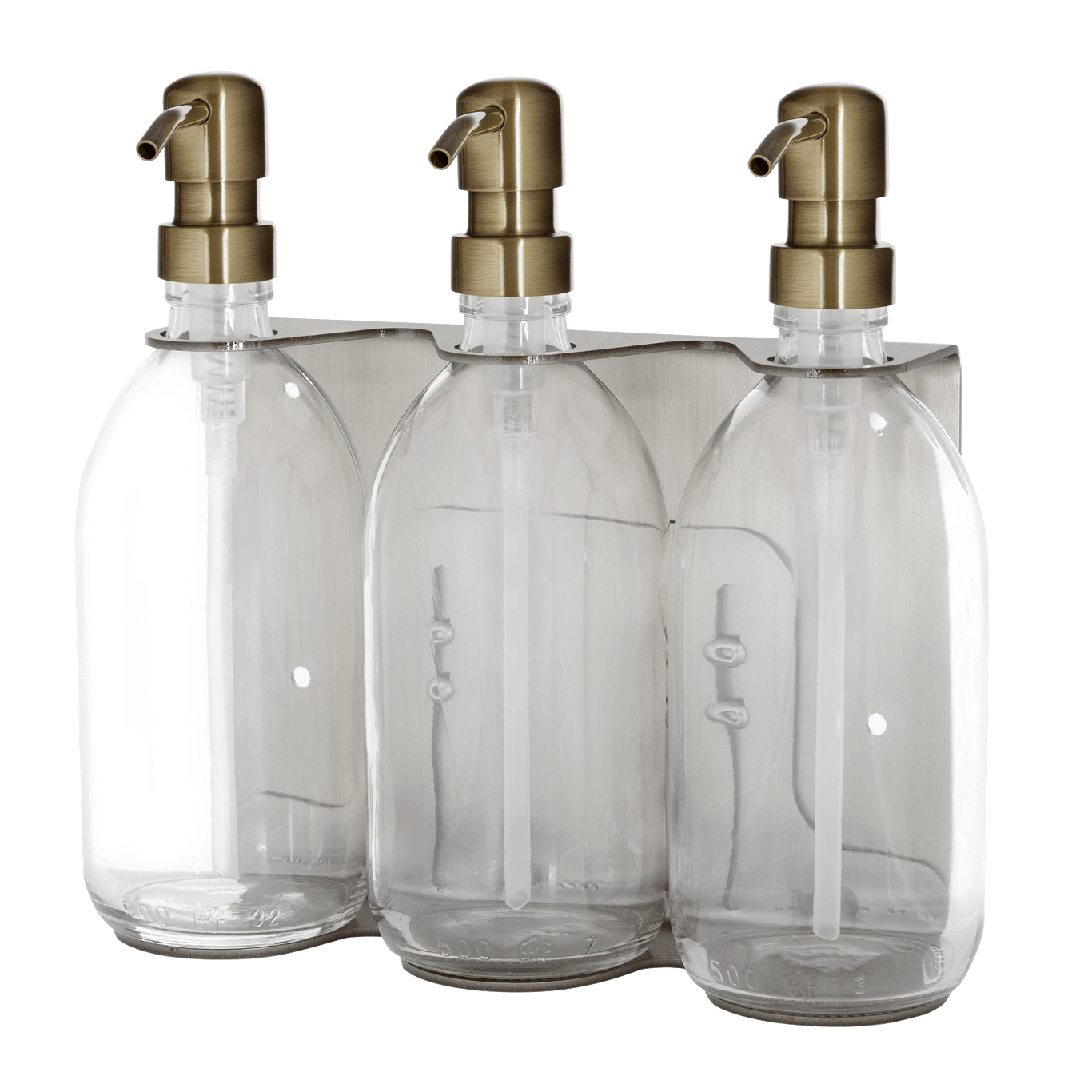 Three clear glass bottles with gold pumps on a transparent background