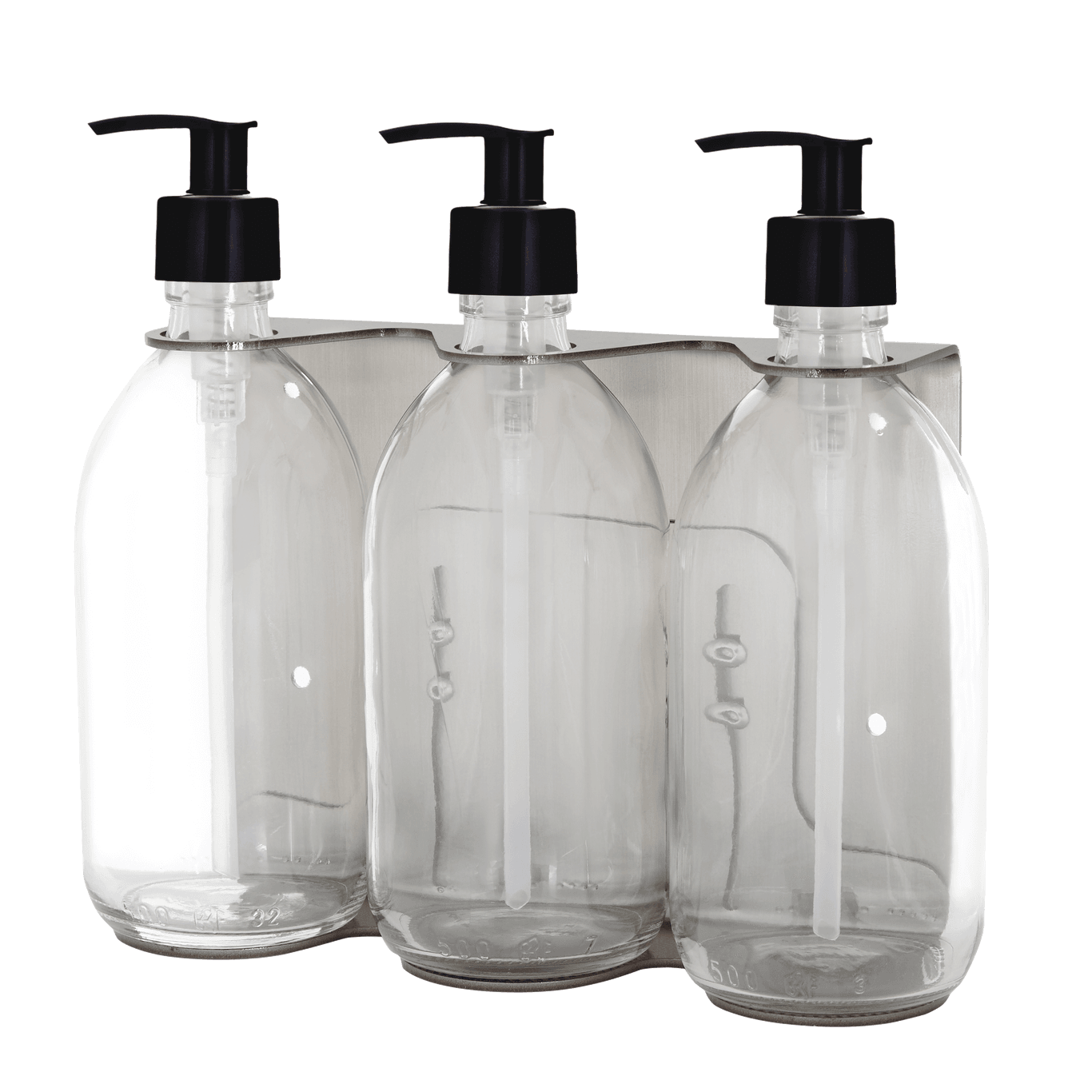 Three clear plastic bottles with black pump dispensers on a transparent background