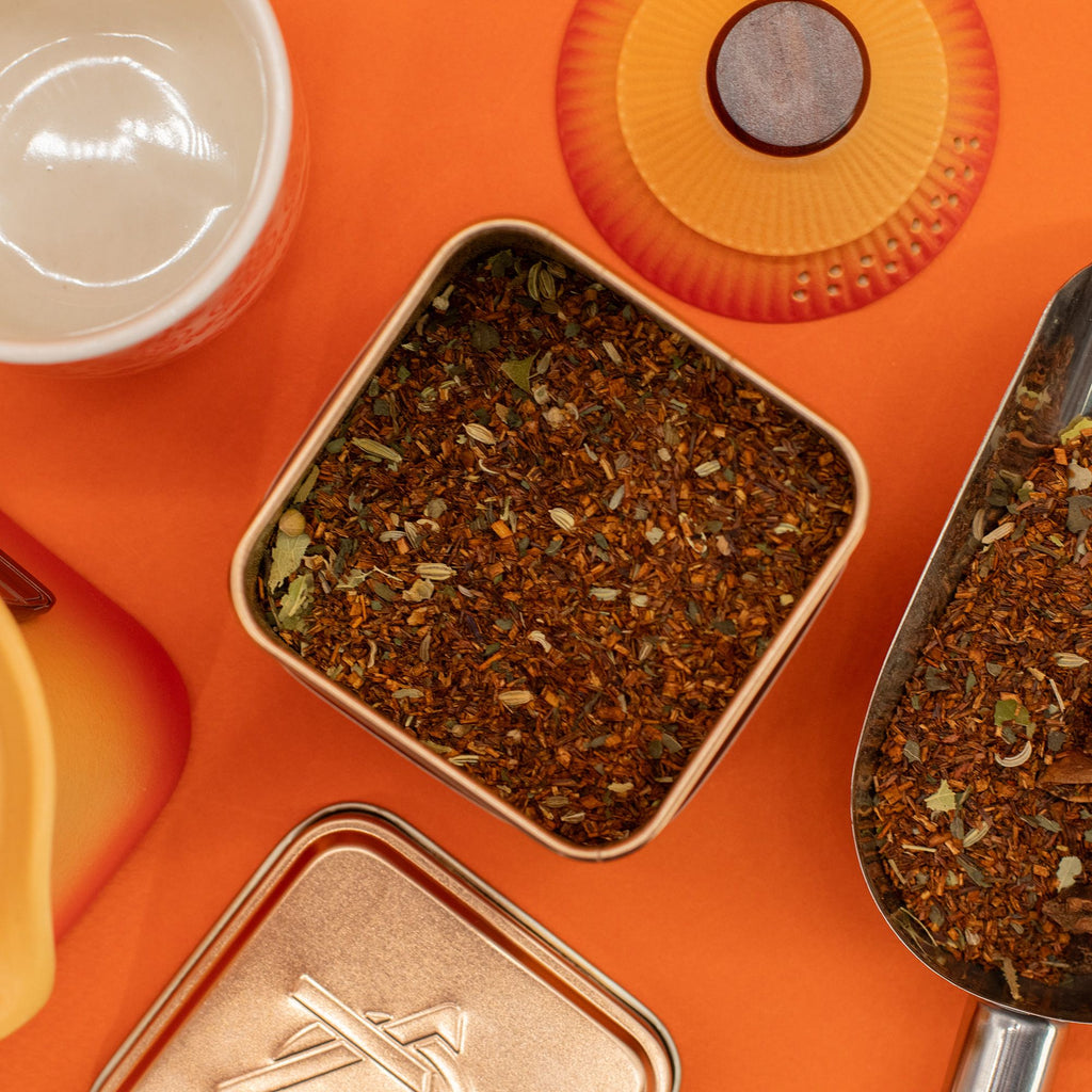 Spice container with dried orange peel, ginger, and lemongrass tea on an orange background