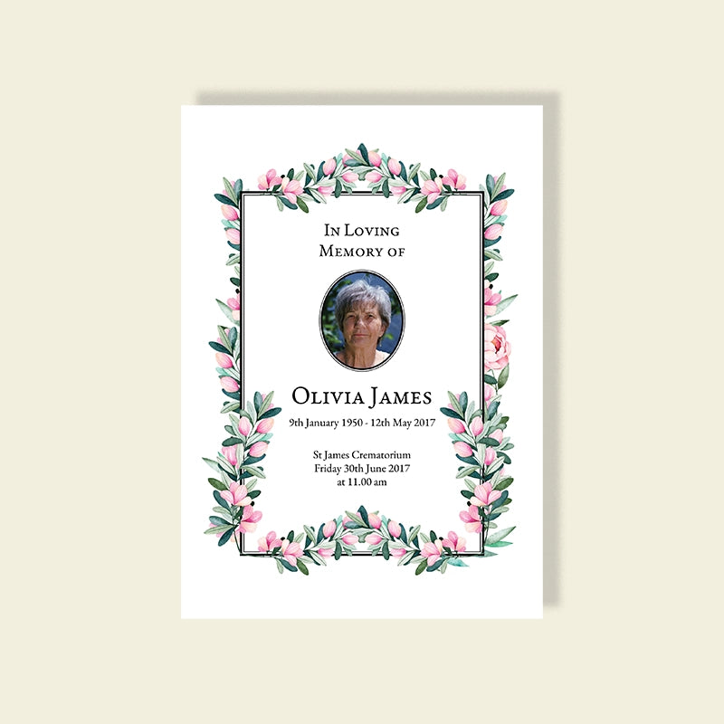 Funeral order of service with floral design and photo on a white background