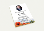 A printed funeral invitation card shown at an angle on a light neutral background. The card has a white upper section with a circular portrait photo and black memorial text, plus a lower border featuring a landscape scene and bright red poppy flowers.