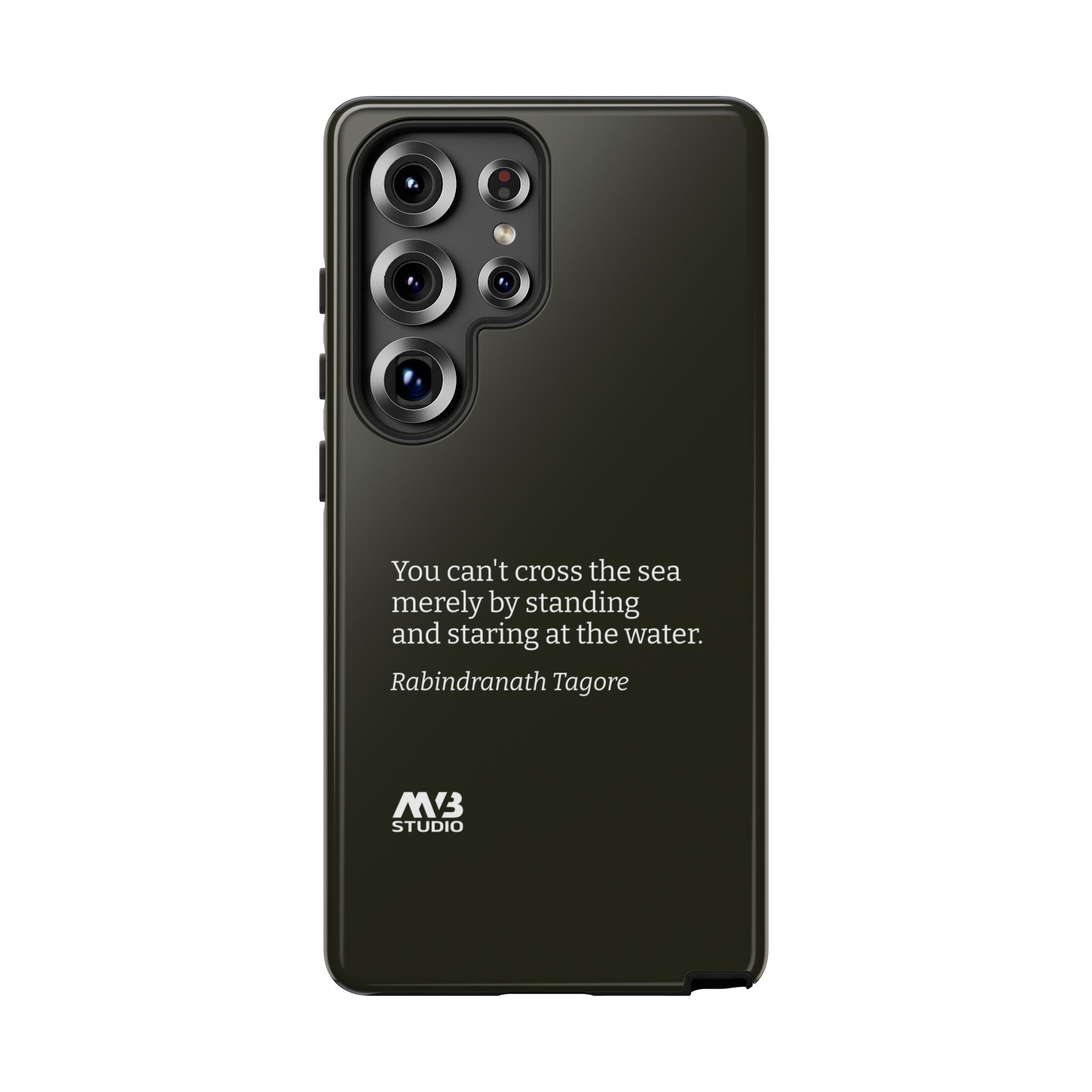 Black phone case with a quote ""You can't cross the sea merely by standing and staring at the water" and MVB Studio logo on a white background