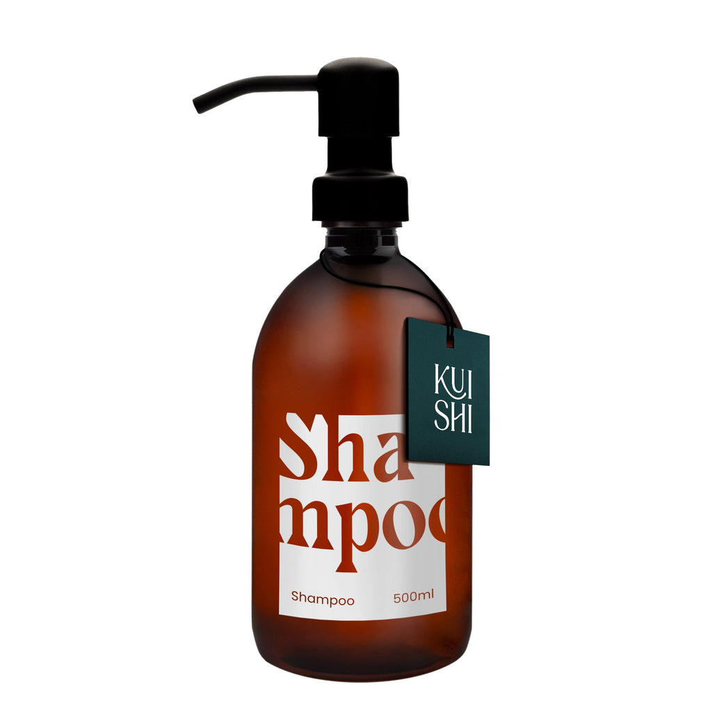 Brown shampoo bottle with pump and 'Kushi' label on a white background
