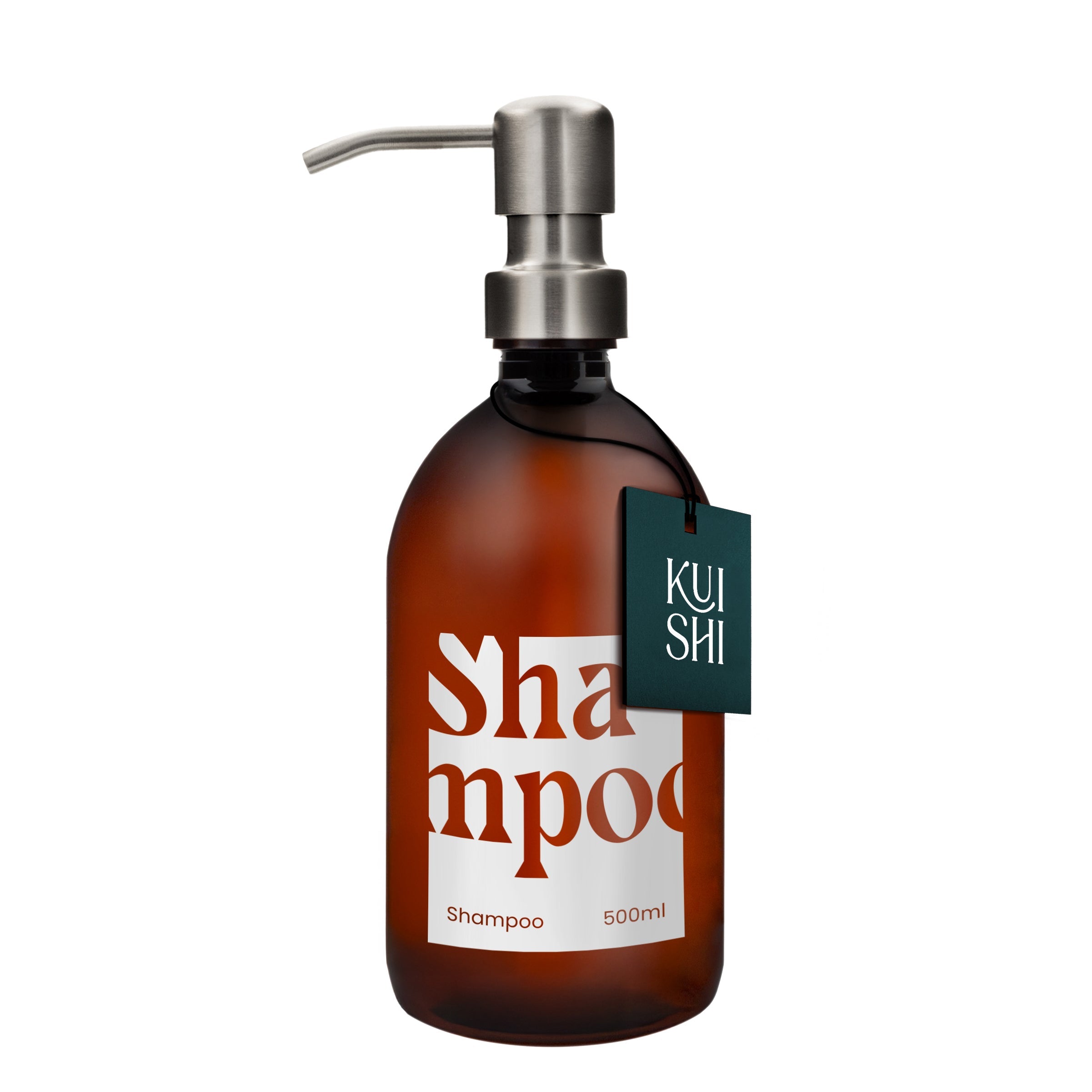 Brown shampoo bottle with pump and 'Kushi' label on a white background