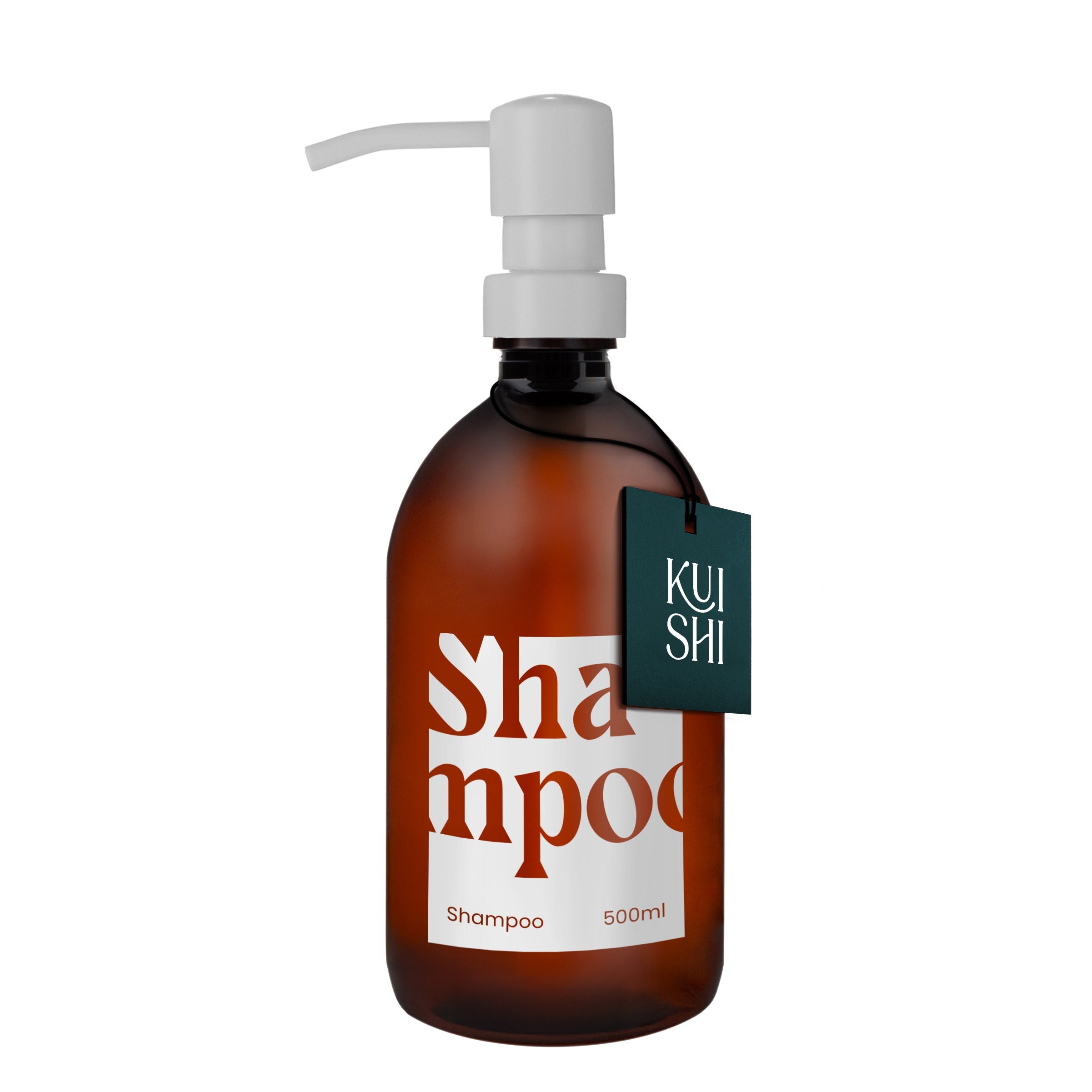 Brown shampoo bottle with pump and 'Kushi' label on a white background