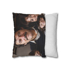 A square decorative throw pillow featuring a printed close-up family portrait on the front, with a white side panel showing thin gray horizontal stripes. The pillow is photographed on a clean white background.