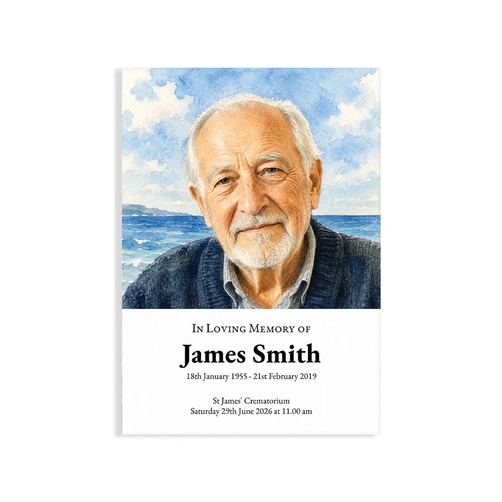 Funeral order of service card with an illustration of an older man with a blue sweater against a coastal background.