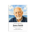 Funeral order of service card with an illustration of an older man with a blue sweater against a coastal background.