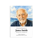 Funeral order of service card with an illustration of an older man with a blue sweater against a coastal background.