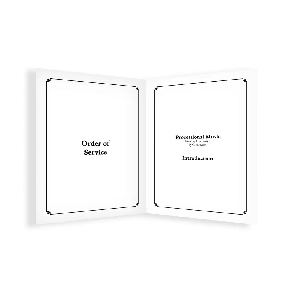 Open book with 'Order of Service' and 'Processional Music' sections on a white background