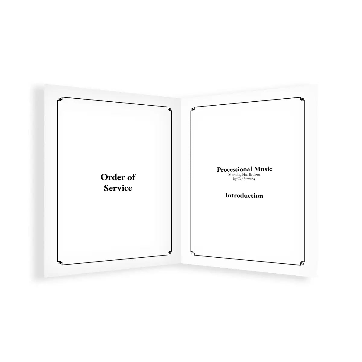Open book with 'Order of Service' and 'Processional Music' sections on a white background