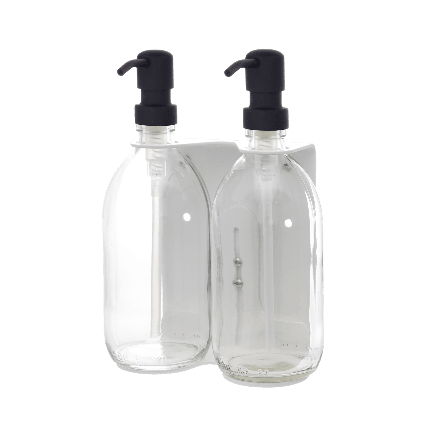 Clear glass bottles with black pumps on a transparent background