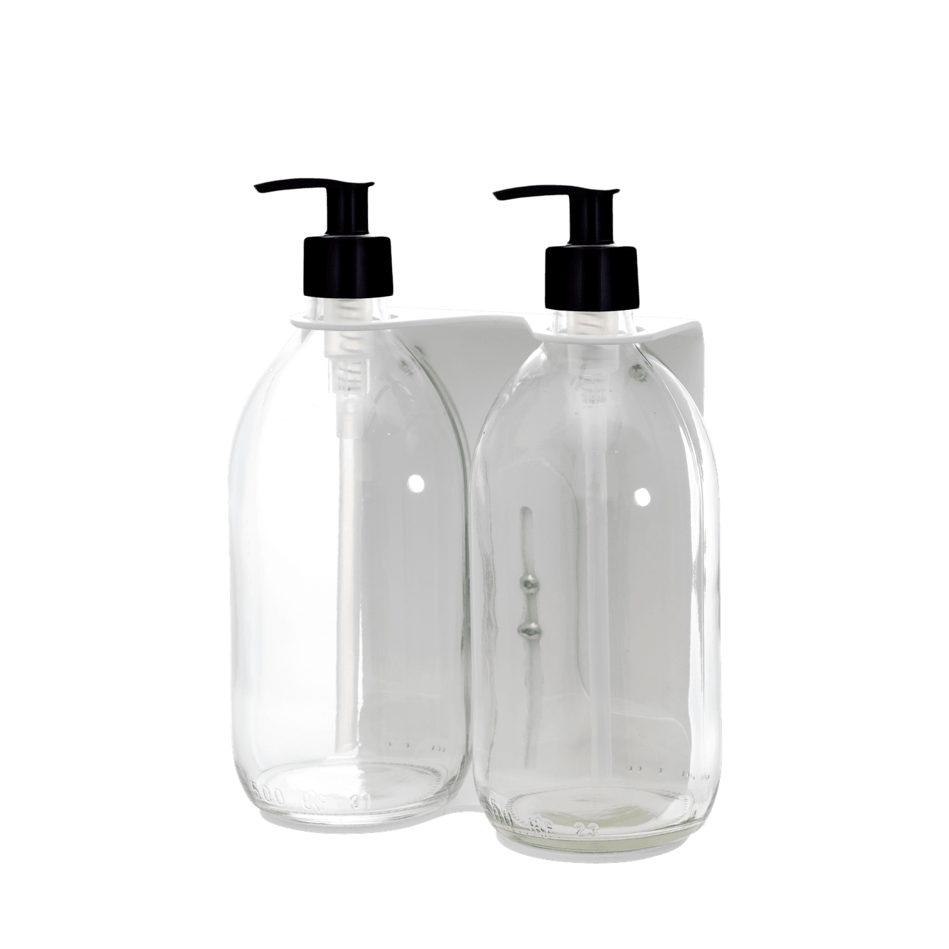 Two clear plastic bottles with black pump dispensers on a dark blue background