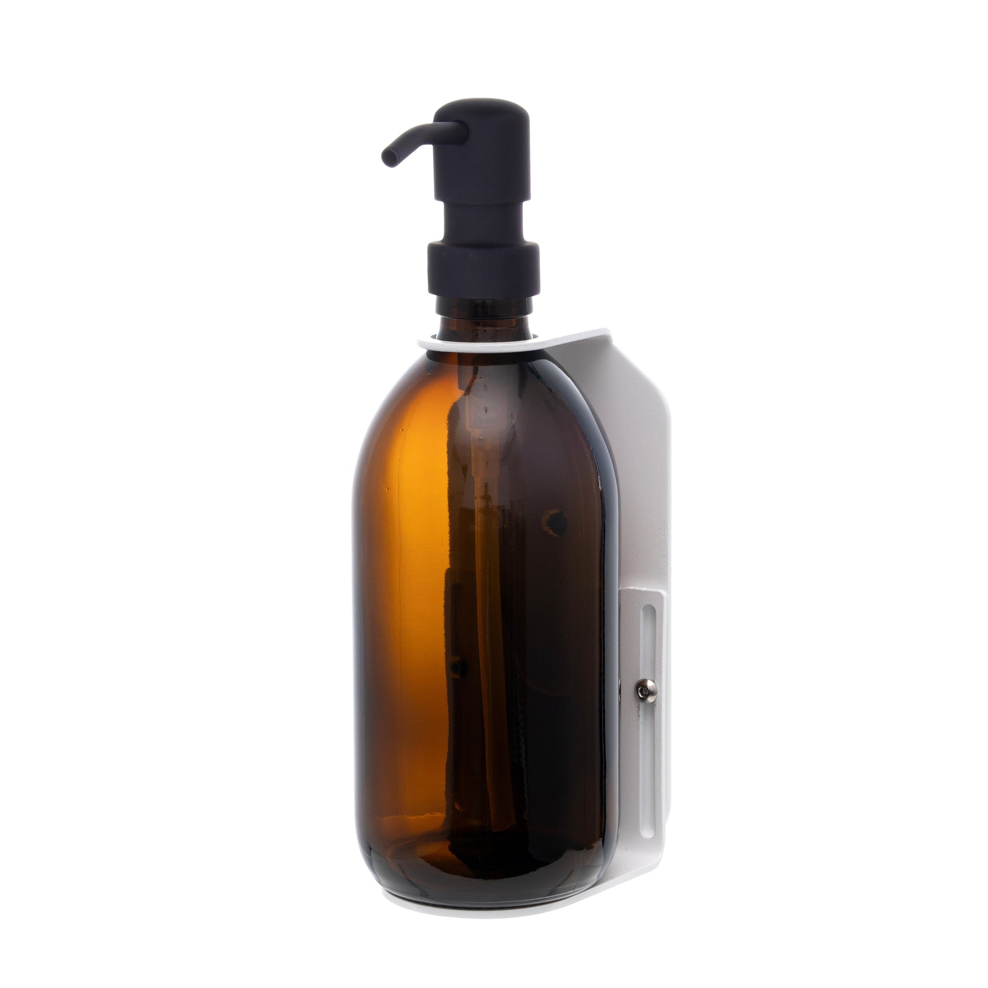 White Single Wall Mounted Soap Dispenser | Kuishi amber bottle with black pump dispenser on a white background