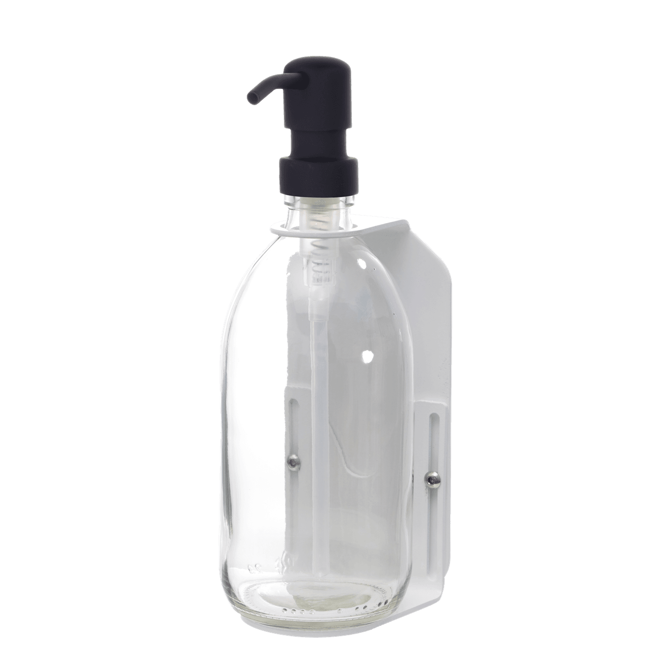 Clear plastic bottle with black pump dispenser on a dark gray background